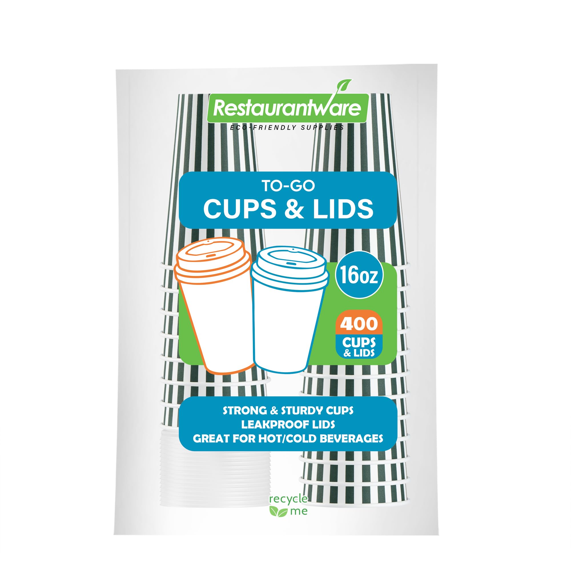 Restaurantware 16 Ounce Disposable Coffee Cups With Lids, 400 Hot Cups With Lids - Sleeves Sold Separately, Single Wall, Forest Green And White Stripe Paper Coffee Cups, For Coffee And More