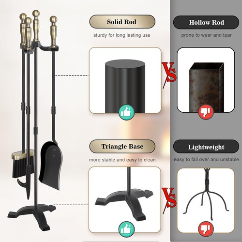 Gtongoko Fireplace Tools Set 4 Pcs 30 Inch Brass Handles Wrought Iron Large Fire Tool Set for Outdoor/Indoor Include Chimney Poker, Antique Shovel, Rustic Brush and Stand Accessories Set