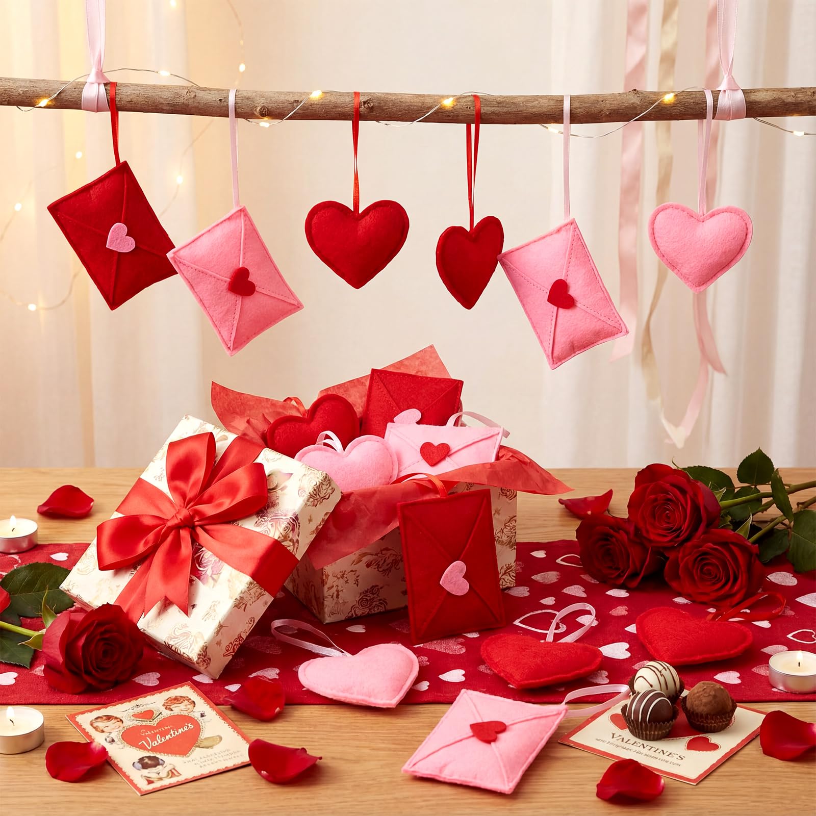 HunnmingRe 24 Pcs Valentine's Day Felt Heart and Envelope Ornaments, Red and Pink Hanging Heart Shaped Baubles for Valentines Day Tree Decor, Wedding, Anniversary, Party Decor, DIY Crafts