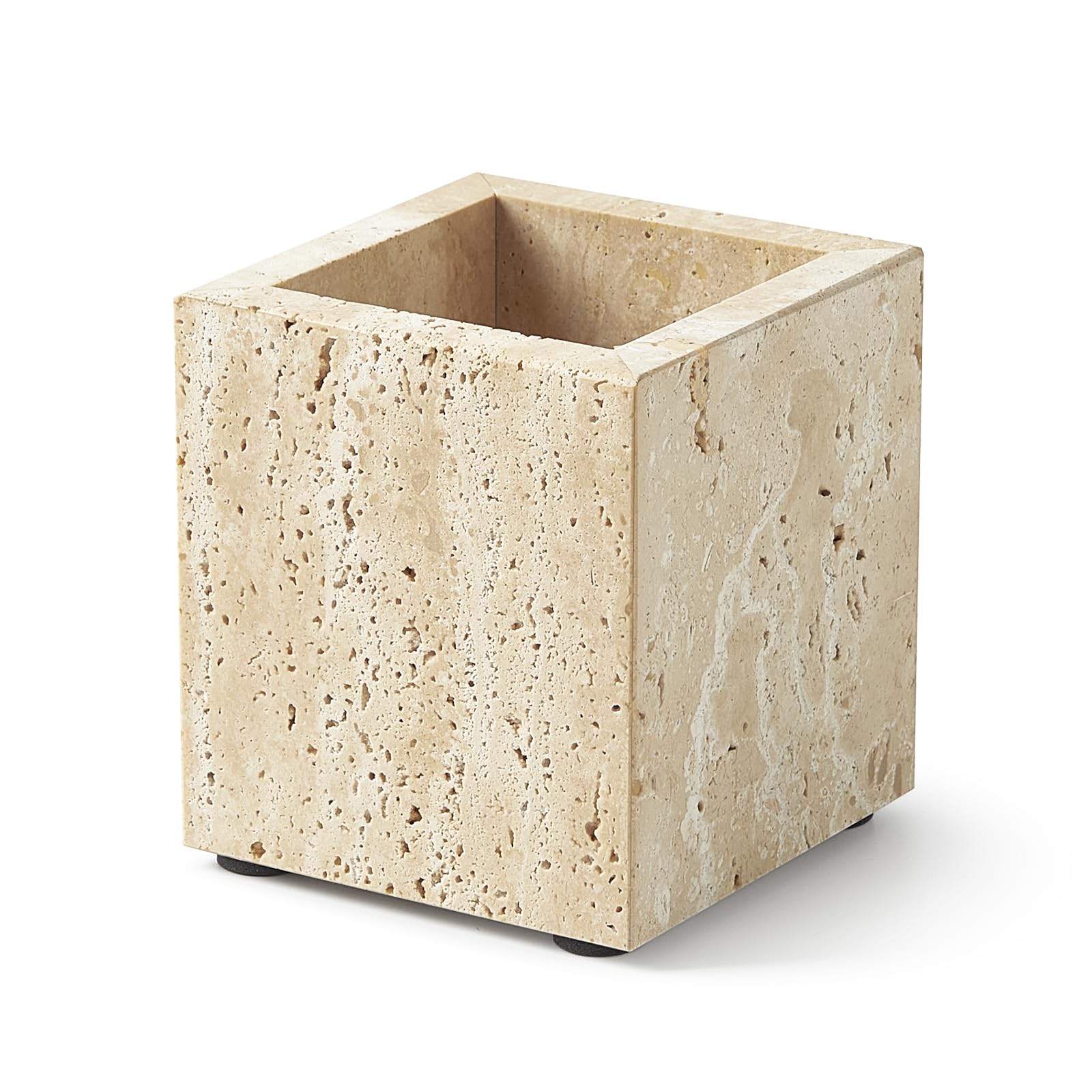 Real Natural Travertine Marble Toothbrush Holder & Pen Holder & Makeup Brush Holder & Utensil Holder, Genuine Stone Rectangular Bathroom Tumbler Cup, Durable Office & Home Countertop Organizer