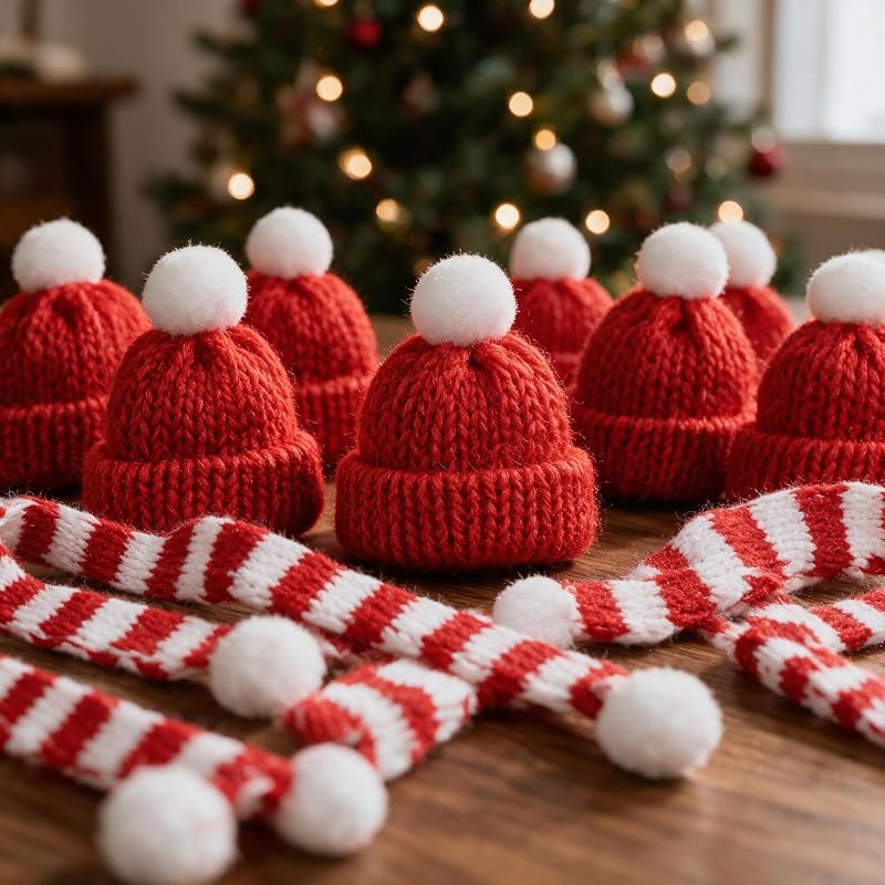 Mini Christmas Knit Hat and Scarf 20-Piece Set for Dolls, Plants & Decor