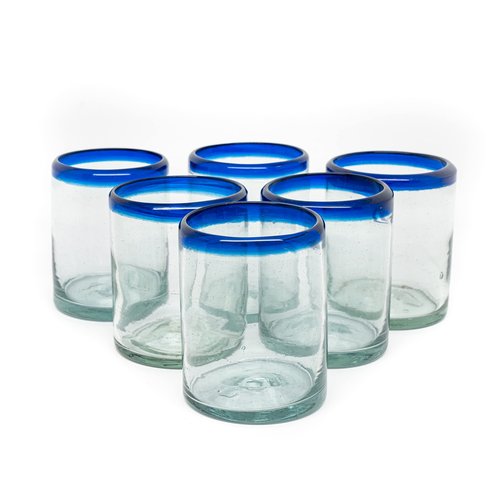EMPORION Set of 6 Hand-Blown Tumbler (10 oz) Glasses from Mexico with Cobalt Blue Rim - Rustic & Handcrafted Recycled Bubble Glass Drinking Glassware