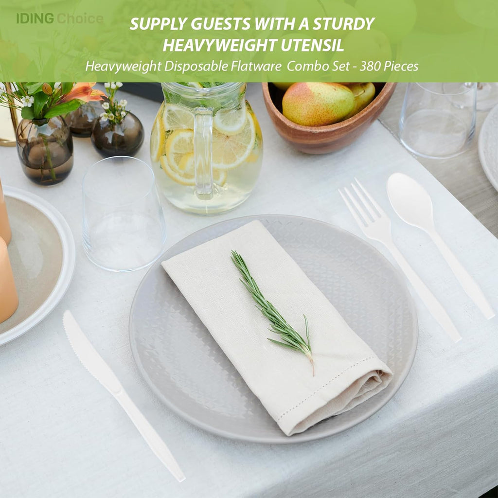 Skiennix 380 Count Heavy Duty Compostable Cutlery Set - Eco-Friendly Silverware for Events | Forks, Spoons & Knives