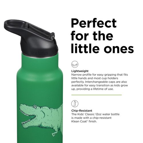 Klean Kanteen 12 oz Classic Kid's Insulated Water Bottle with Flip Seal Sport Cap - 100% Leakproof Cap - BPA-Free - Stainless Steel Material - Dino Skate