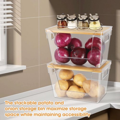 4 Set Pantry Organizers and Potato Onion Storage Bins, Stackable Kitchen Counter Cabinet Basket for Produce, Fruit, Vegetable, Snack Storage, Laundry Organizer Trash Bag Holder with Bamboo Lid