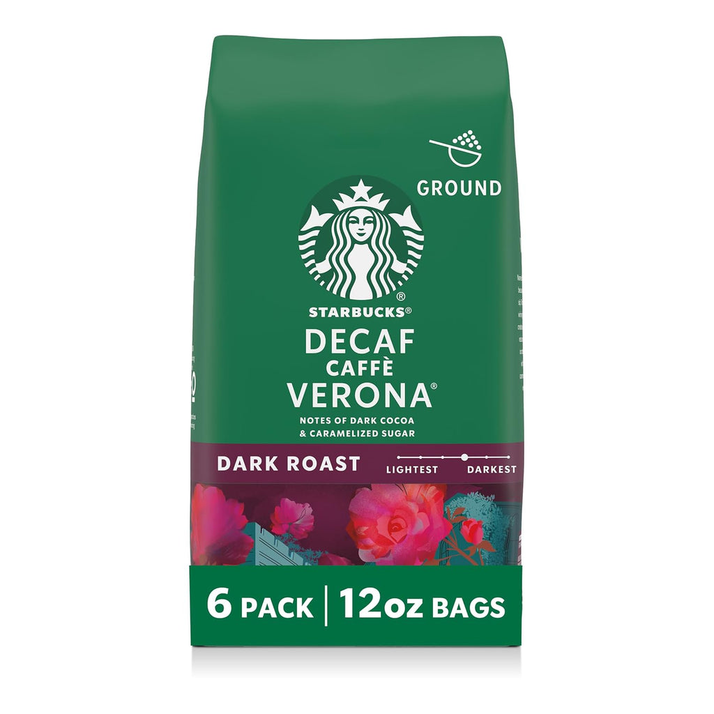 Starbucks Ground Coffee - Dark Roast Decaf Caffè Verona | Six 12 oz Bags for Hot or Iced Brew