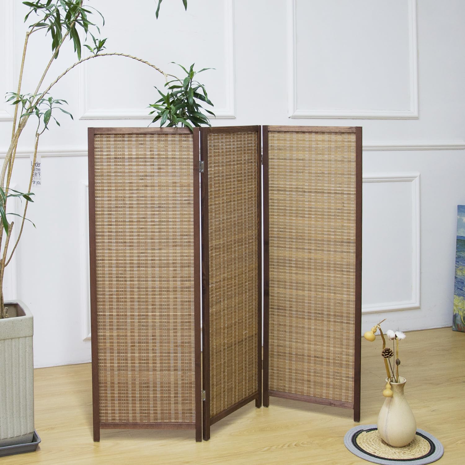 Furnnylane 3 Panel Short Room Divider Screen,Brown Freestanding Partition,Small Bamboo Panel Divider for Room Seperation,3.95 FT Tall