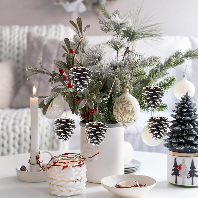 Winlyn White Frosted Pinecone Christmas Ornaments Set of 30 with Gold Hanging Strings - Snowy Natural Pine Cones for Tree, Wreath, Garland (Variation: White)