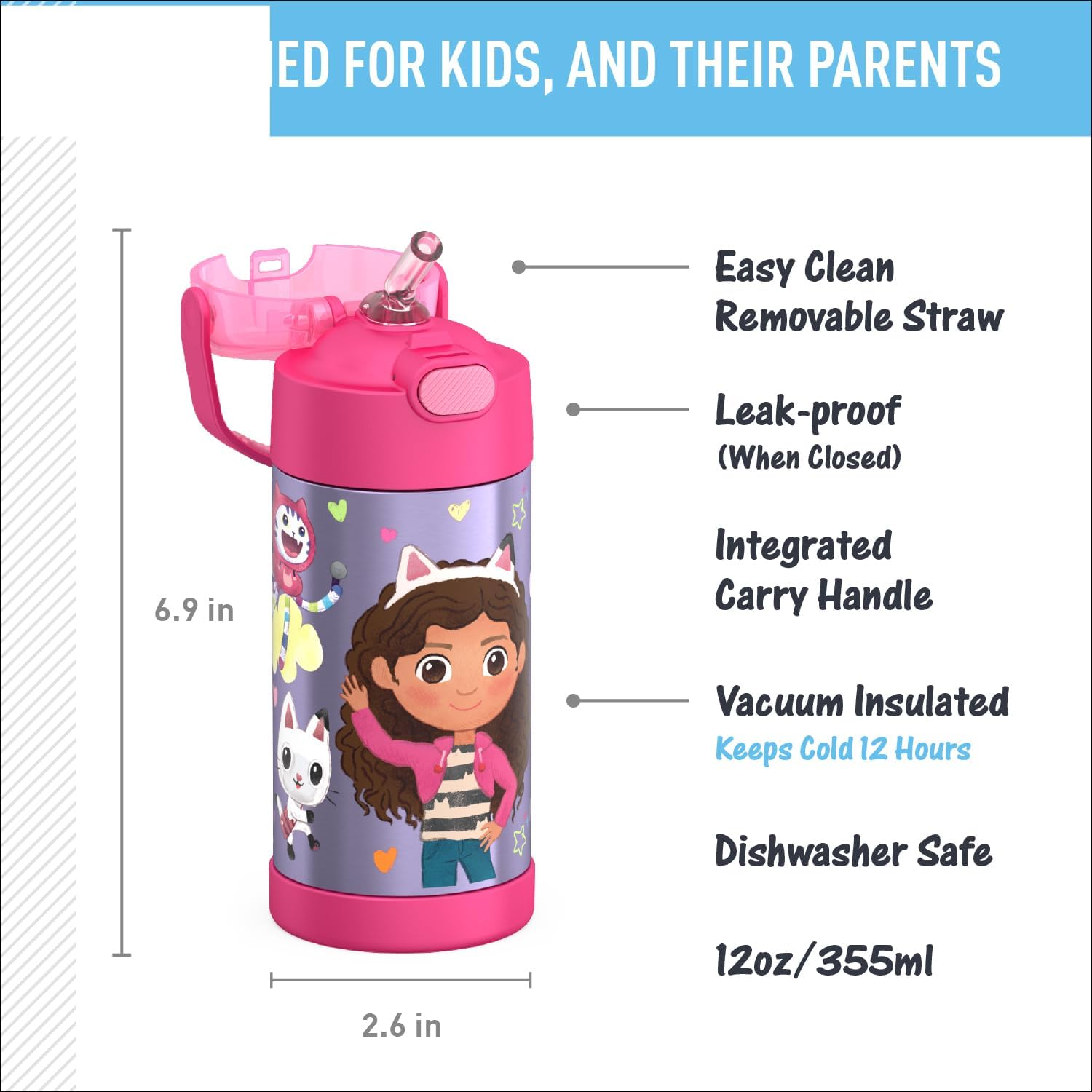 THERMOS FUNTAINER Water Bottle - 12 Ounce Kids Stainless Steel Vacuum Insulated with Straw | Gabby’s Dollhouse