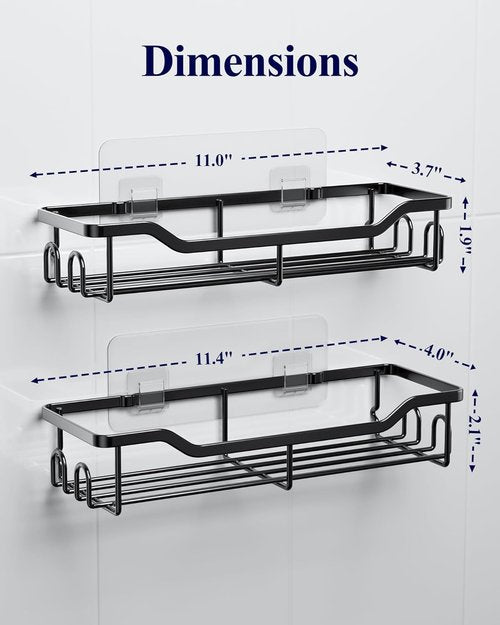Kitsure Shower Caddy | Large Adhesive Organizer - Stainless Steel Shelf for No-Drill Bathroom Storage, 2 Pack, Black
