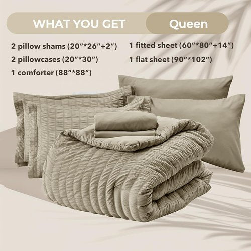HYMOKEGE Queen Comforter Set - 7-Piece Seersucker Luxury Bedding Set for All Seasons | Includes Comforter, Sheets, Pillowcases & Shams