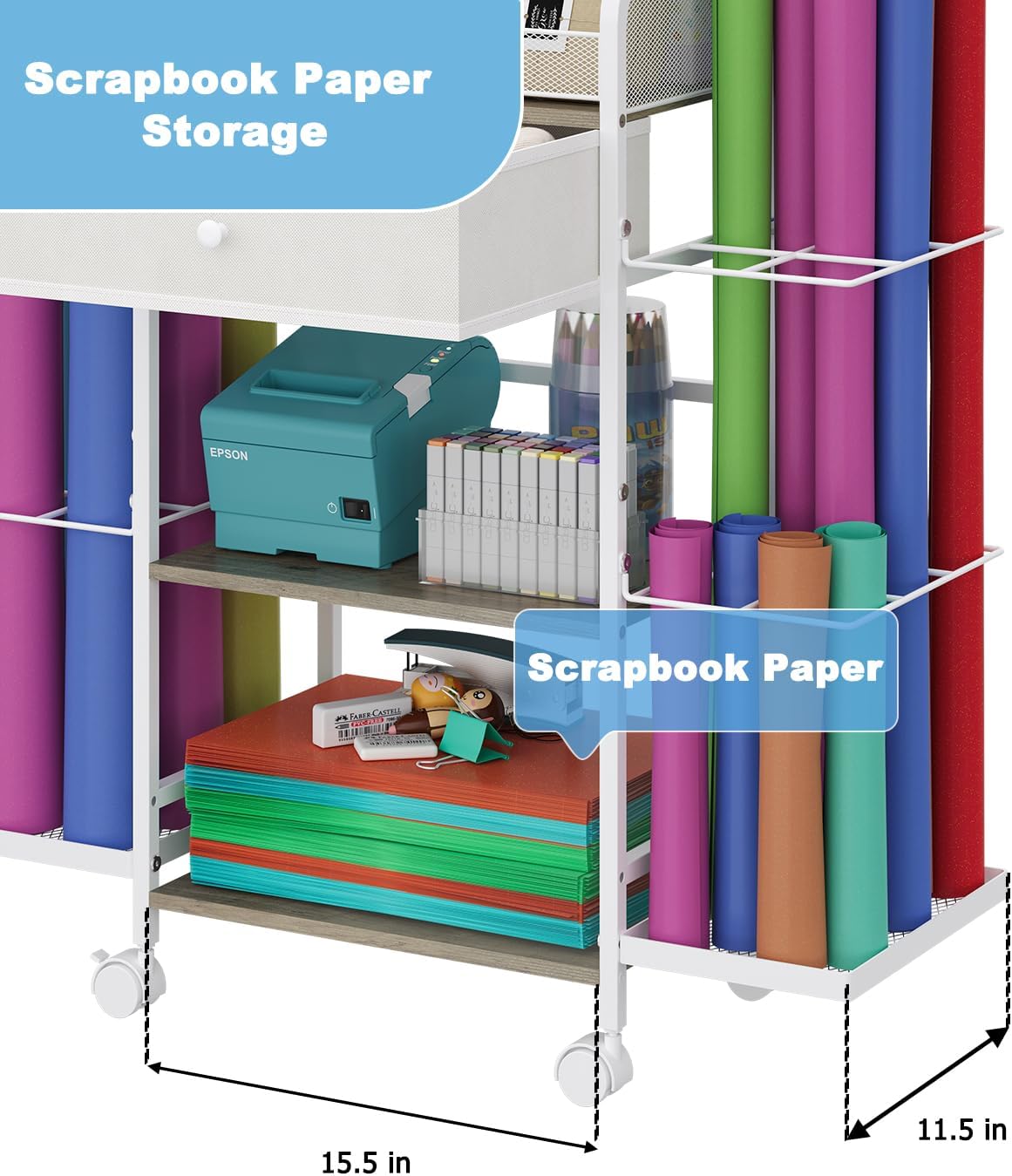Rsaayekkt Wrapping Paper Storage Cart - Rolling Gift Wrap Station with Fabric Drawer & Ribbon Holder | Metal Craft Organizer