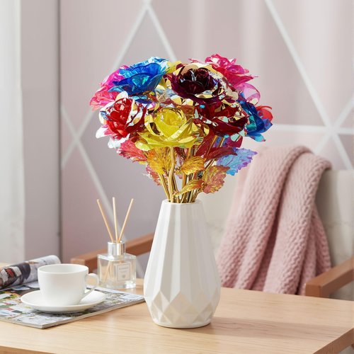 Lyrow 12 Pcs Galaxy Rose Floral Mother's Day Present Flowers with Stems Present for Mom Her Forever Preserved 24k Fake Crystal Rose for Birthday Wedding Decor, 10'' (Multicolor)