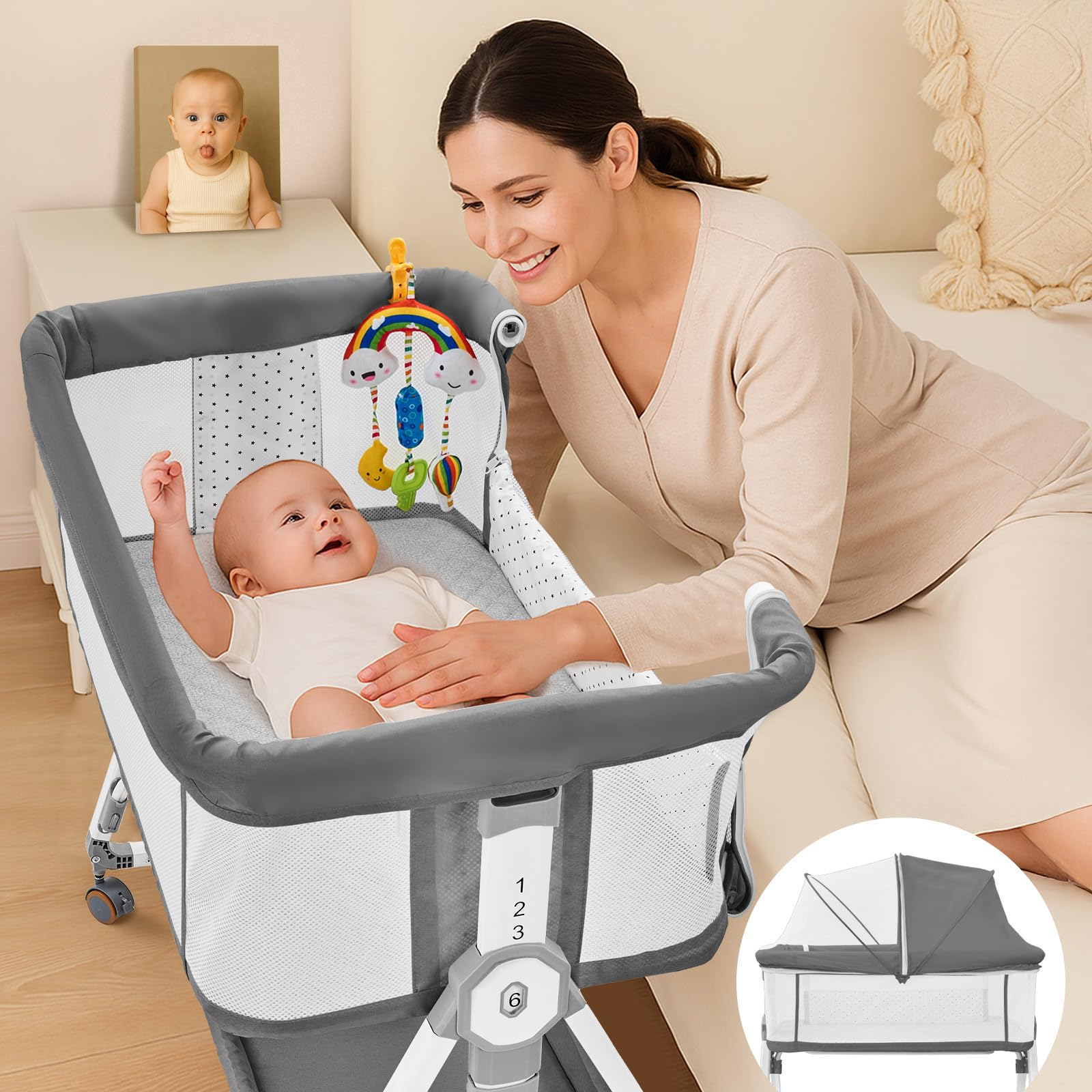 Madewell Living 4-in-1 Baby Bassinets Bedside Sleeper, Bedside Bassinet with Wheels, 6-Height Adjustable Bassinet with Soft Mattress, Mosquito Net, Soothing Toy for Newborns & Infants(Grey)