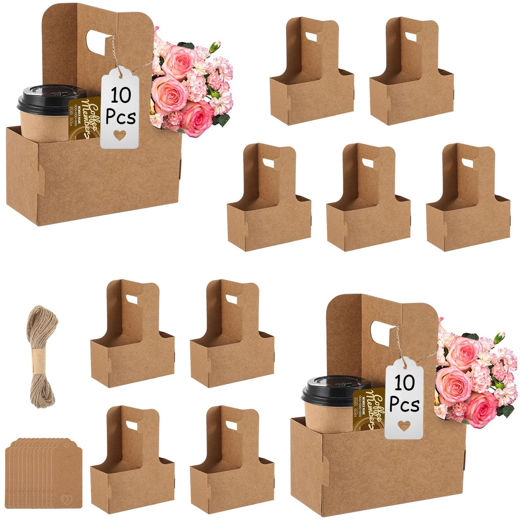 10 Pack 2 Cup Disposable Drink Carrier with Handle Paperboard Coffee Cup Holder Portable for Hot Cold Drinks Food Delivery Services with Heart Card for Teacher Appreciation Week Mother's Day