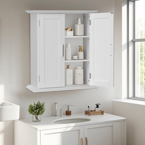 VECELO Medicine Cabinet Bathroom Wall Mount Storage with Adjustable Shelf and 2 Doors, White
