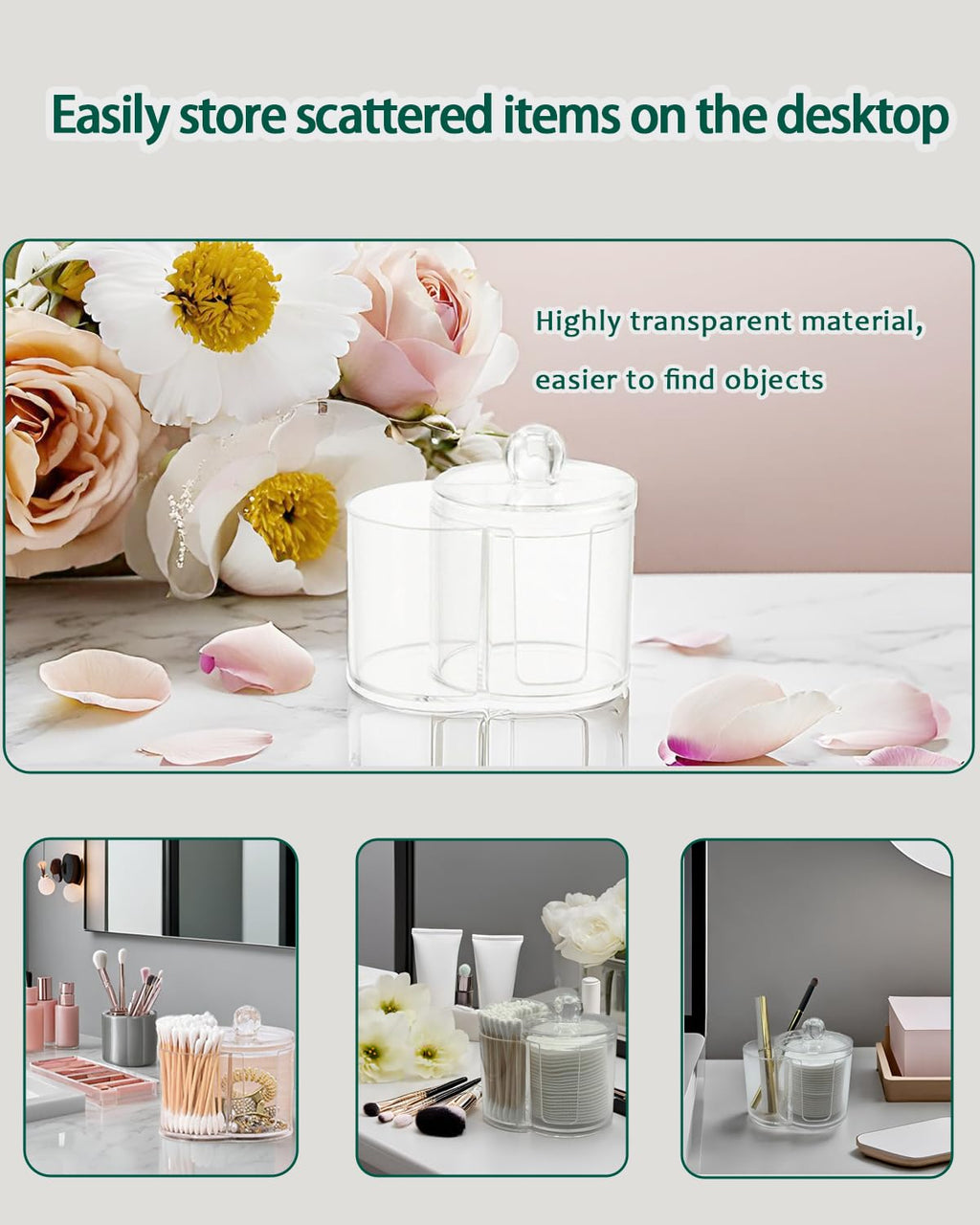 AkoSlale Clear Plastic 2-in-1 Cotton Swab Dispenser & Makeup Pad Holder - Shatterproof Bathroom Vanity Organizer Apothecary Jars for Cotton Rounds, Balls, Floss Picks, Hair Ties & Beauty Sponges