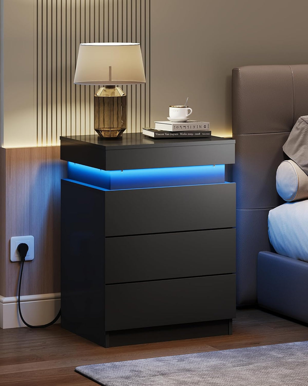 WLIVE Black Nightstand - Modern Bedside Table with Charging Station & LED Lights | 3 Drawers, Sliding Top