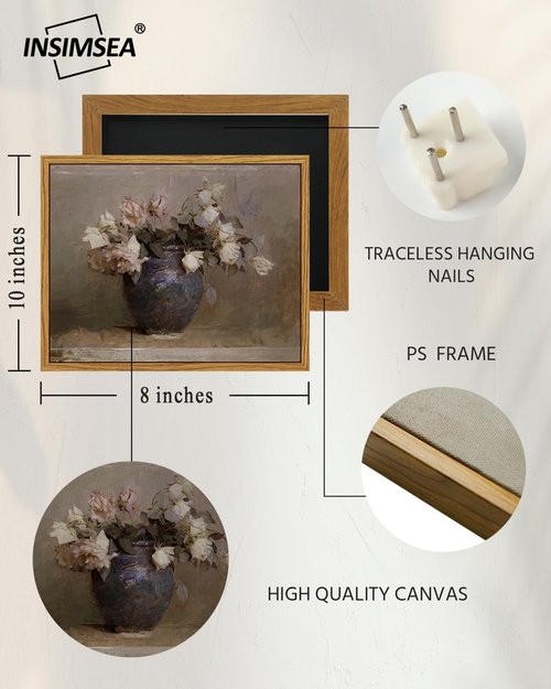 InSimSea Framed Canvas Print - Classical Roses in Vase Oil Painting | 8x10in Wall Art for Bedroom & Living Room Decor