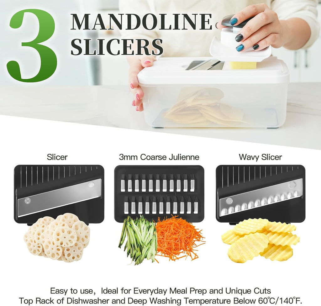 Skiennix 14-In-1 Vegetable Chopper - Versatile Cutter with 7 Blades, Container & Lid | Ideal for Salad & Cheese Grating