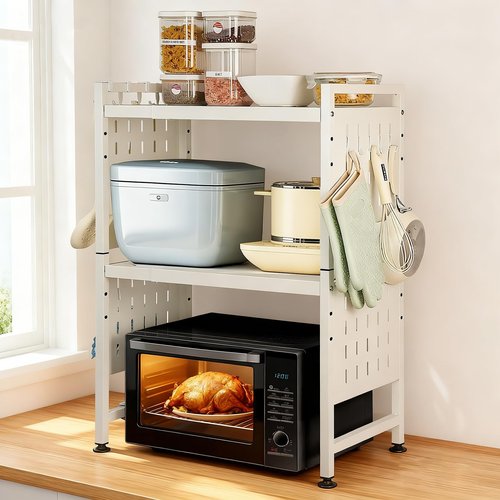 loyalKBS Expandable Microwave Stand Countertop, 3 Tier Heavy Duty Over Microwave Shelf Countertop with 4 Hooks, Height Adjustable Metal Microwave Oven Rack Shelf for Kitchen Tabletop,Holds 160lb,White