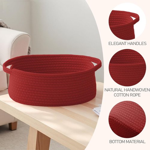 JMvicyroam Woven Storage Baskets - Small Rope Bins with Handles for Organizing Shelves | Red, 2-Pack