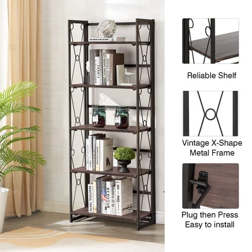 VECELO Folding Bookshelf, 5 Shelf Folding Bookcase No Assembly, Industrial Metal Freestanding Shelves Rack Organizer for Living Room, Office, Bedroom, Kitchen