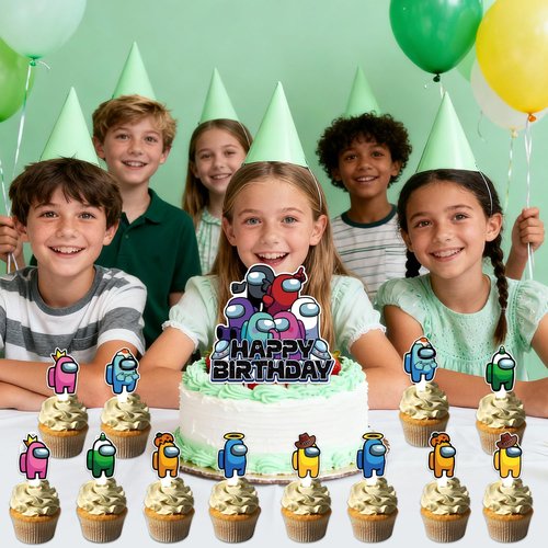 25Pcs Among Game Birthday Party Supplies Pack Includes 1 Cake Topper 24 Cupcake Toppers for Among Game Party Supplies