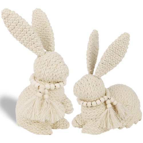 DR.DUDU 2 Pack Easter Bunny Figurines Decor, Rabbit Figurine Table Decorations, Spring Bunnies Decoration Cotton Woven Statue for Home Indoor Centerpieces Fireplace Farmhouse Gifts (Beige)