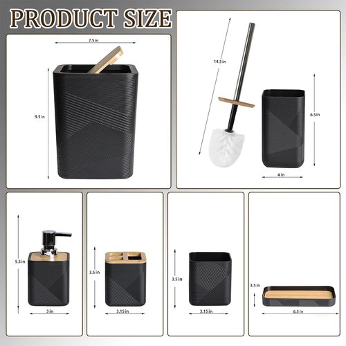 CERBIOR 6-Piece Bamboo Bathroom Accessories Set - Stylish Soap Dispenser, Toothbrush Holder & More | Black