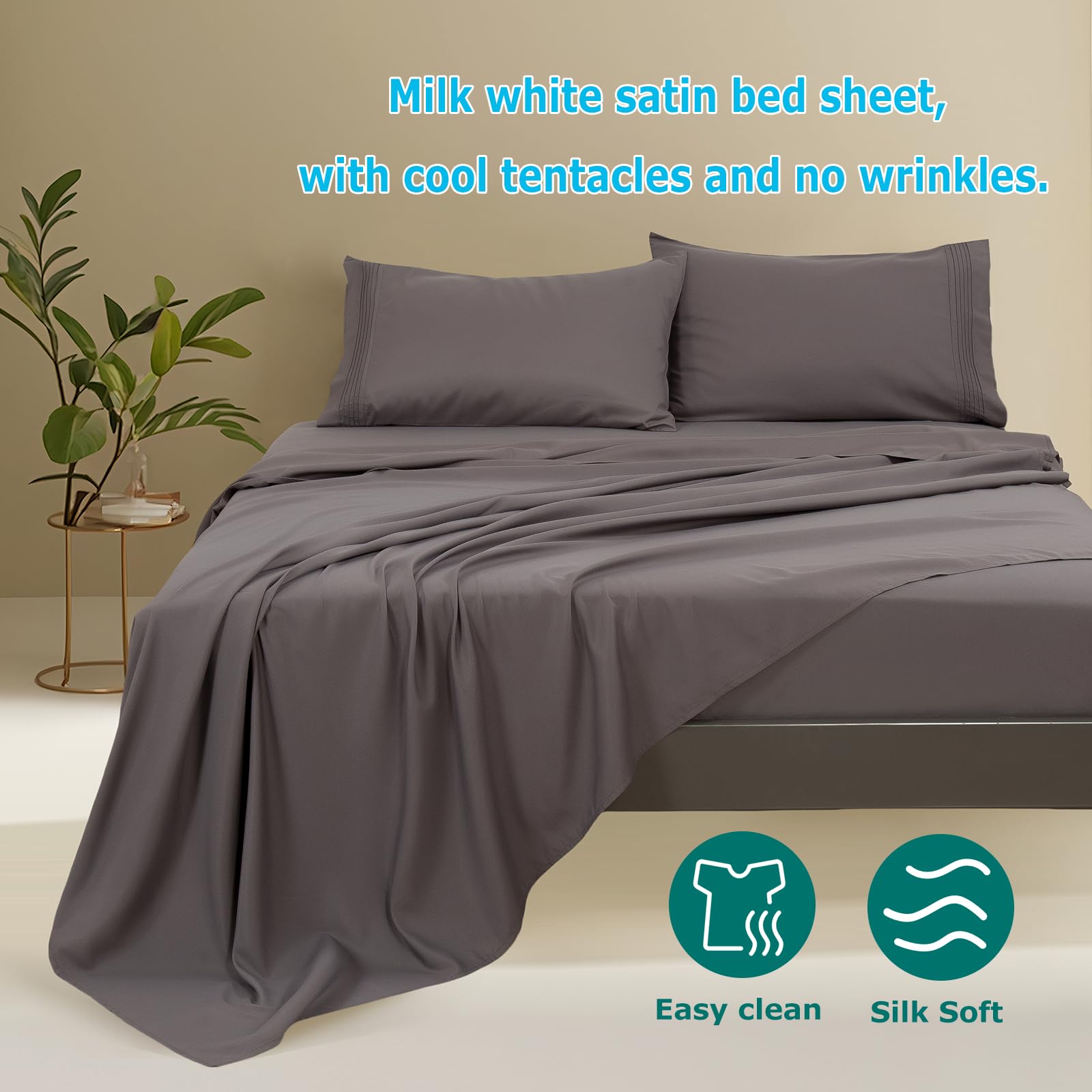 Popfavor Deep Pocket King Fitted Sheet - Fits Mattresses Up to 21" Thick - 4 Piece Bed Sheets - Moisture Wicking, Cooling & Soft Fitted Sheet & Pillow Cases (Grey)