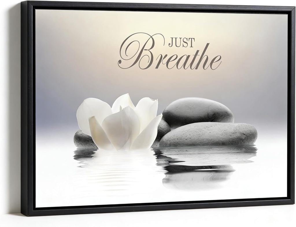 MKCIPJWC Zen Stone Wall Art - Just Breathe Yoga Quotes Canvas Print | White Lotus Flower, 12x16 Inch