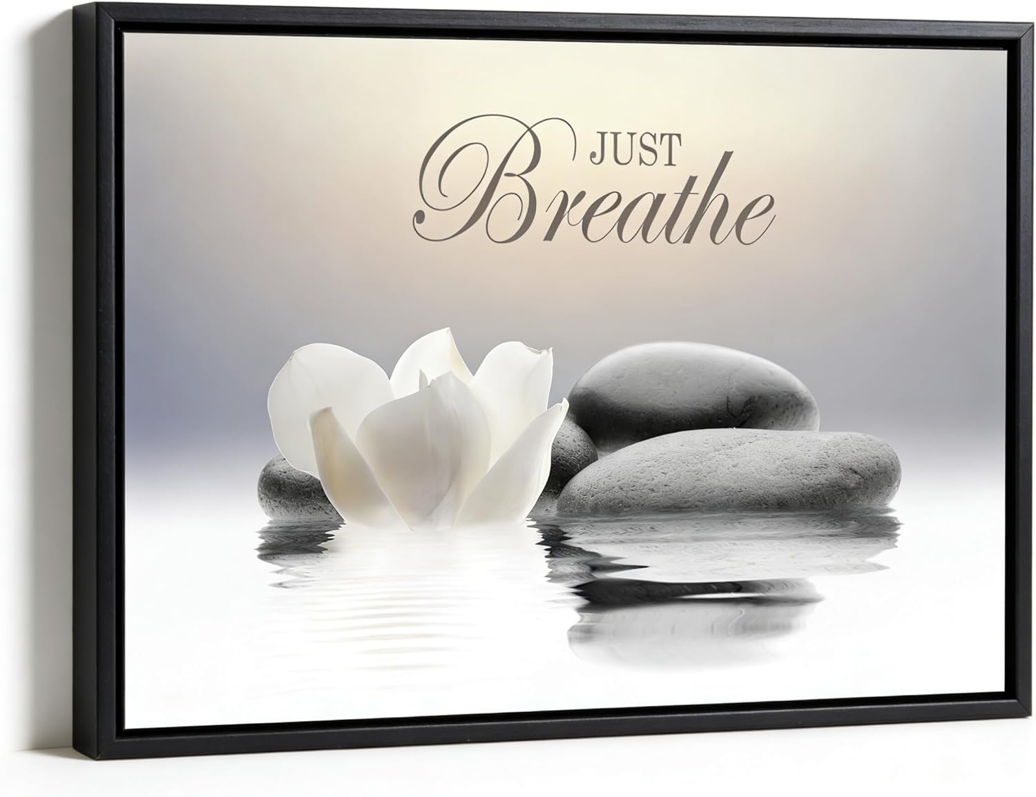 MKCIPJWC Zen Stone Wall Art - Just Breathe Yoga Quotes Canvas Print | White Lotus Flower, 12x16 Inch