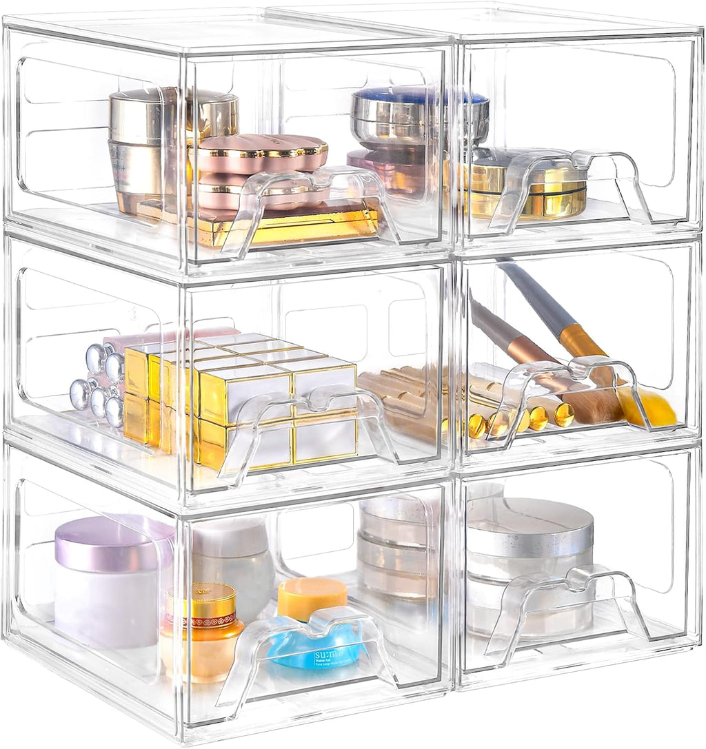 Stebopum Stackable Makeup Organizer - 6 Pack Clear Acrylic Storage Bins with Pull-Out Handle | 4.4'' Tall for Vanity & Bathroom