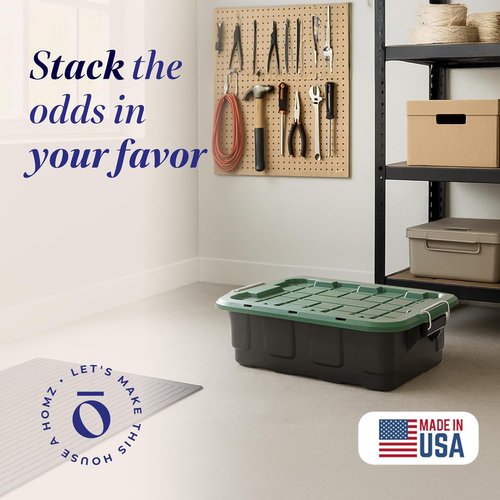 HOMZ 10-Gallon Stackable Storage Bins - Durable Plastic Containers with Latching Handles | Black/Green, 2-Pack