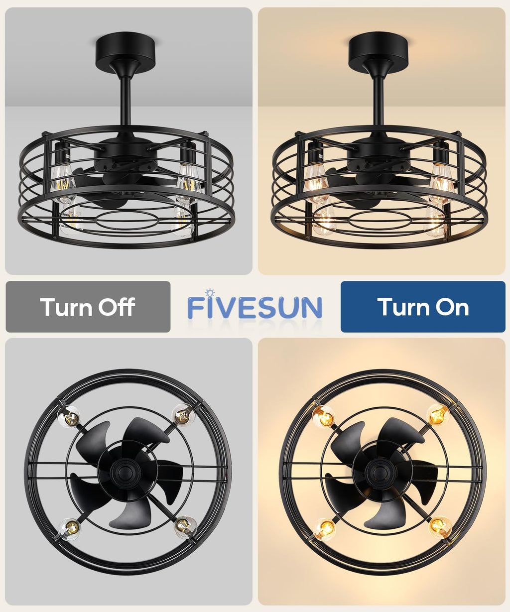 Fivesun 20" Caged Ceiling Fans with Lights and Remote, Fandelier Farmhouse Industrial Fan Lights Ceiling Fixtures Small Ceiling Fan with 6 Speeds and Timing for Kitchen, Bedroom, Outdoor-Black