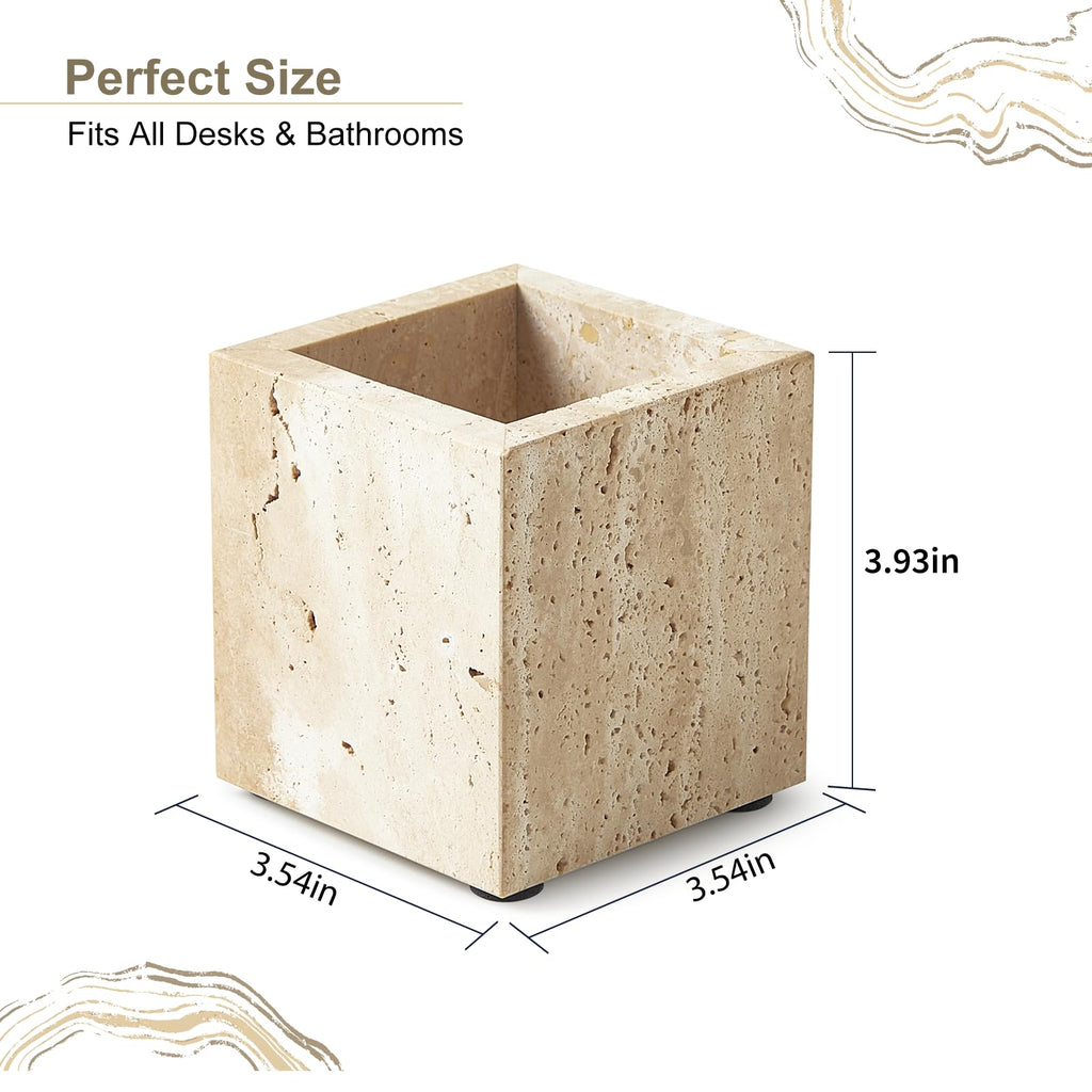 Real Natural Travertine Marble Toothbrush Holder & Pen Holder & Makeup Brush Holder & Utensil Holder, Genuine Stone Rectangular Bathroom Tumbler Cup, Durable Office & Home Countertop Organizer