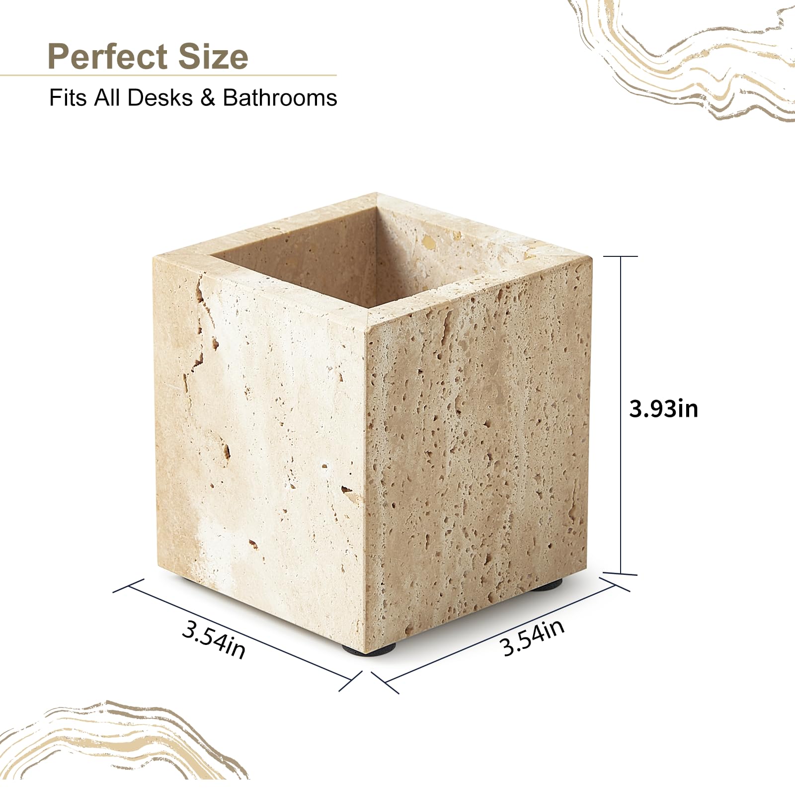 Real Natural Travertine Marble Toothbrush Holder & Pen Holder & Makeup Brush Holder & Utensil Holder, Genuine Stone Rectangular Bathroom Tumbler Cup, Durable Office & Home Countertop Organizer