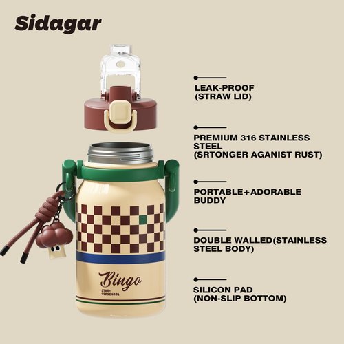 Sidagar 32 oz Insulated Water Bottle for Women with Straw & Handle, 316L Medical Grade Stainless Steel Vacuum Tumbler, Aesthetic Retro Checkerboard Flask for School & Outdoor, Preppy Cream Yellow
