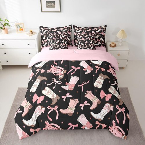 Girls Pink Bow Comforter Set With Sheets Full Size,Cowgirl Coquette Bow 7 Piece Bedding Set Black And Pink Bed In A Bag Western Coquette Boots Sheet Set With Fitted Sheet,Pillowcases & Pillow Covers