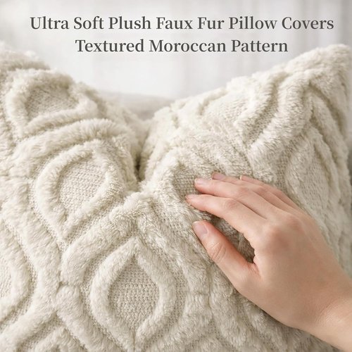decorUhome Throw Pillow Covers - Soft Plush Faux Wool Beige | Set of 2, 18x18 Inch Square Accent Pillows