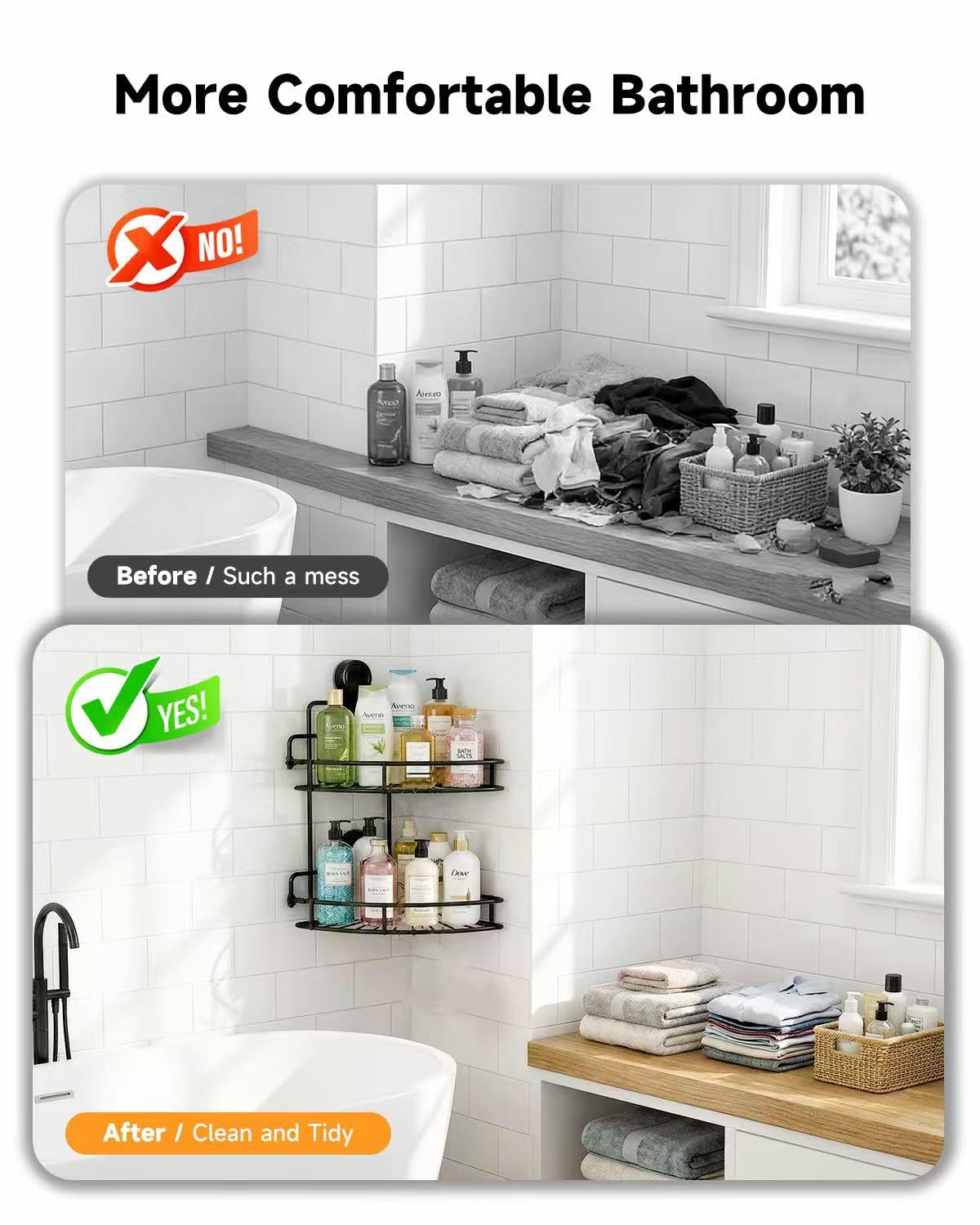 BANGMANG Shower Caddy Suction Cup, 2 Pack Suction Shower Shelf, NO-Drilling Bathroom Holder, Rustproof Bathroom Organizer for 90° Wall Corner, Black