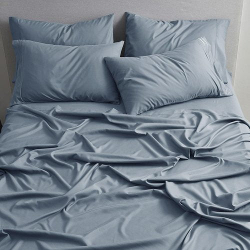 Clara Clark Flex Top King Sheets - Hotel Luxury 6 Piece Bed Sheets for Top Split King Bed - Soft Bedding Sheets & Pillowcases, Head Split King Size. Stone Blue