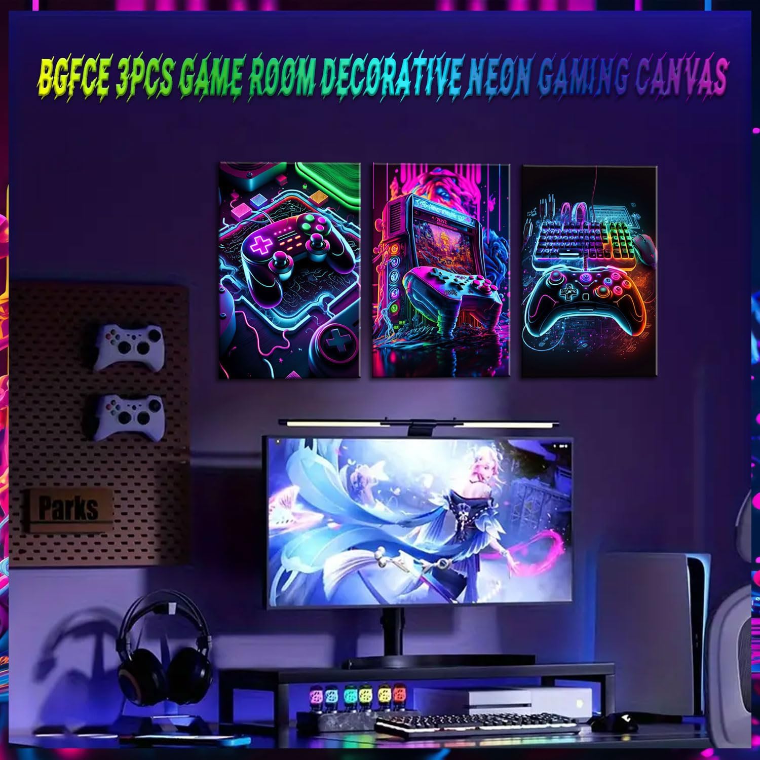 BGFCE Neon Gaming Accessories Canvas Wall Art Set | 3-Piece Game Room Decor for Boys, 16x24in Framed