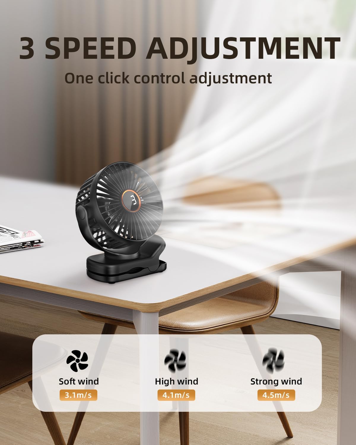 TUNISE Mini Clip-On Fan - Battery Operated, 3-Speed Adjustable, 360° Rotation - Portable Black Desk Fan for Home & Camping