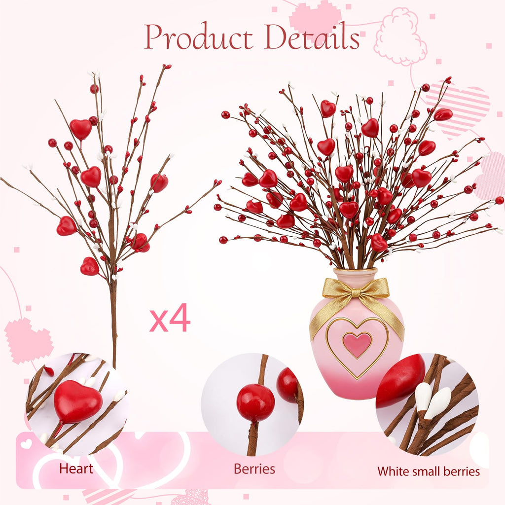 Wootkey 4Pcs Artificial Mother's Gift Decorations Red Heart Berry Stems Heart Shaped Berry Gifts Flowers for Wedding Anniversary Party Supplies Decor
