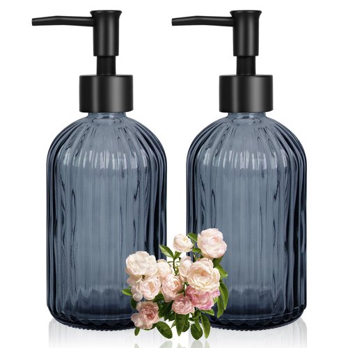 Glass Soap Dispenser with Plastic Pump, Hand Soap Dispenser for Hand Wash, Lotion Dispenser for Dishwashing Liquid, Lotion Shower Gel (Striped Blue Grey)