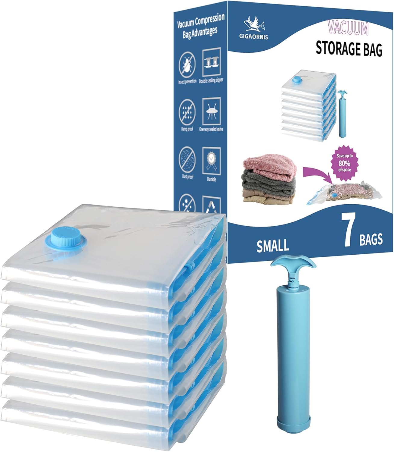 Skiennix Vacuum Storage Bags - 7 Pack Space Saver for Clothing & Travel | Includes Hand Pump