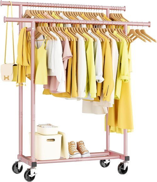HYSEYY Clothes Rack - Sturdy Double Rod Portable Garment Rack for Bedroom & Laundry | Pink