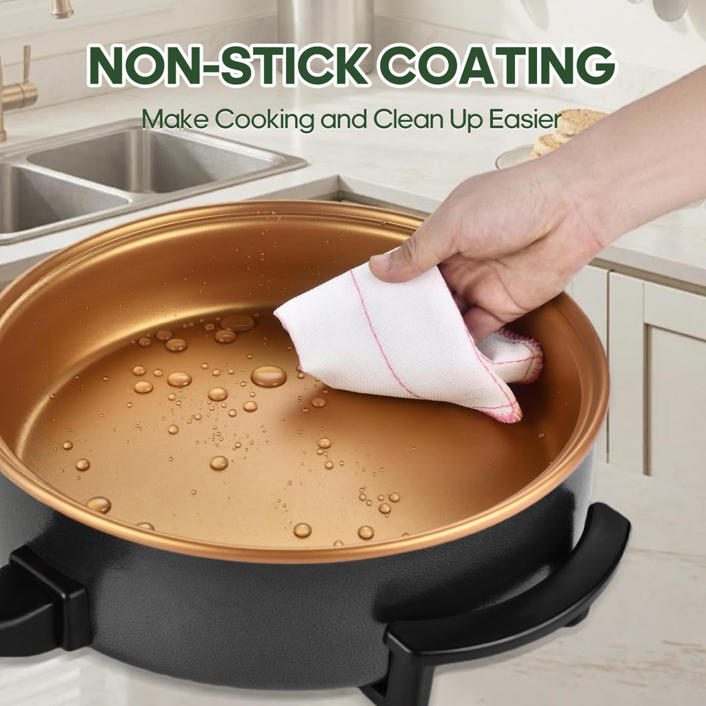 MIOAOTCE 14" Large Electric Skillet with lid, Ceramic Nonstick Coating Electric Frying Pan, 1500W Quick & Even Heating, 5 Adjustable Temperature Control, Tempered Glass Lid & Cool-Touch Handles